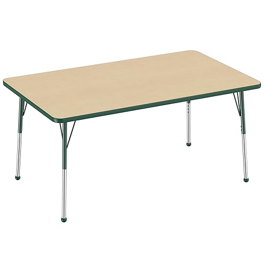 Factory Direct Partners FDP Rectangle Activity School and Office Table (36 x 60 inch), Standard Legs with Ball Glides, Adjustable Height 19-30 inches - Maple Top and Green Edge