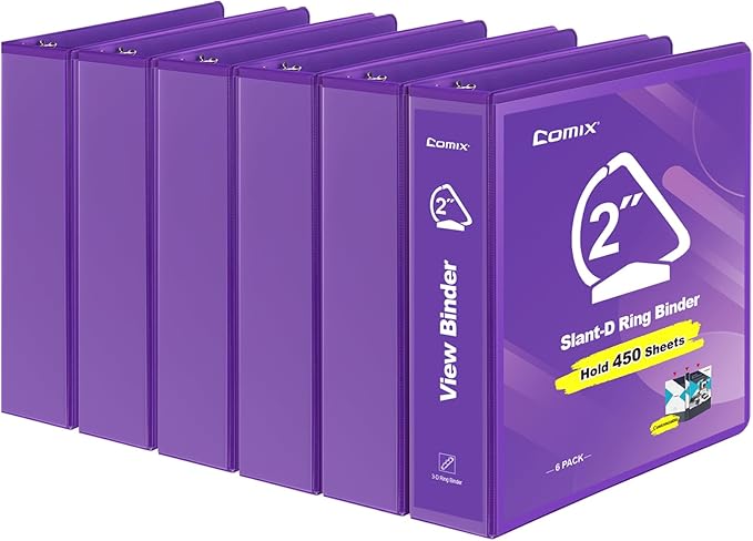 COMIX Sturdy 3 Ring Binder 2 inch with Clear View Cover, 2" Slant-D Ring View Binder Holds 500 Sheets of US Letter Size Paper, 6 Pack (Purple)