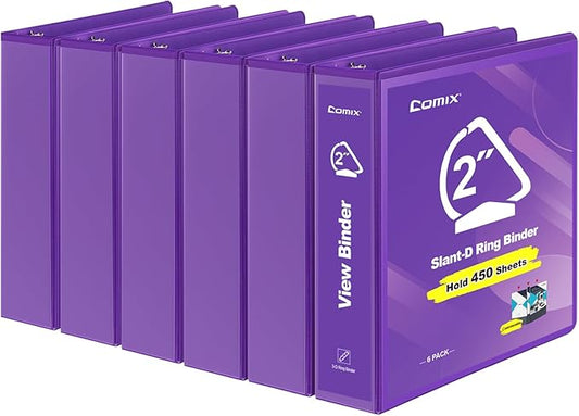 COMIX Sturdy 3 Ring Binder 2 inch with Clear View Cover, 2" Slant-D Ring View Binder Holds 500 Sheets of US Letter Size Paper, 6 Pack (Purple)