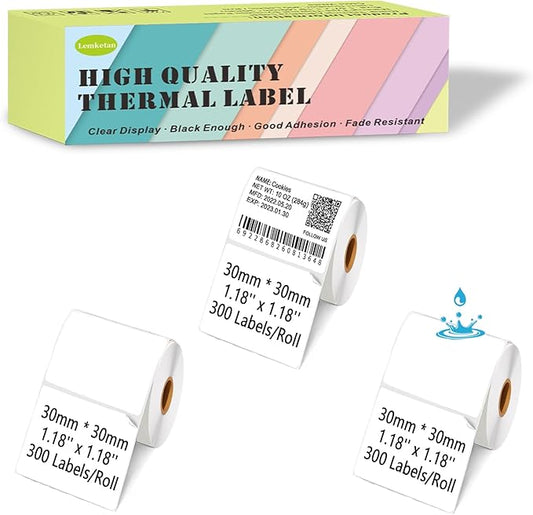[300 Labels/Roll x 3] 30mm x 30mm Thermal Labels, 1.18''x1.18'' Label Maker Tape Refill, Weatherproof & Tear-Resistant Thermal Stickers Compatible for Phomemo M110, Supvan T50M Pro (White)