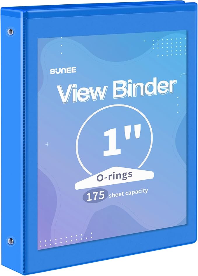 SUNEE 3 Ring Binder 1 Inch 1 Pack, Clear View Binder Three Ring PVC-Free (Fit 8.5x11 Inches) for School or Office Supplies, Blue