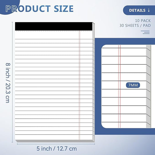 10 Pack of Legal Pad Writing Pads 5" x 8" Notepad 80gsm Recycled Paper Small Legal Pads 25 Lines Note Pads Perforated Legal Pads 30 Sheets Double-Sided Printing Legal Pads for School, College, Office