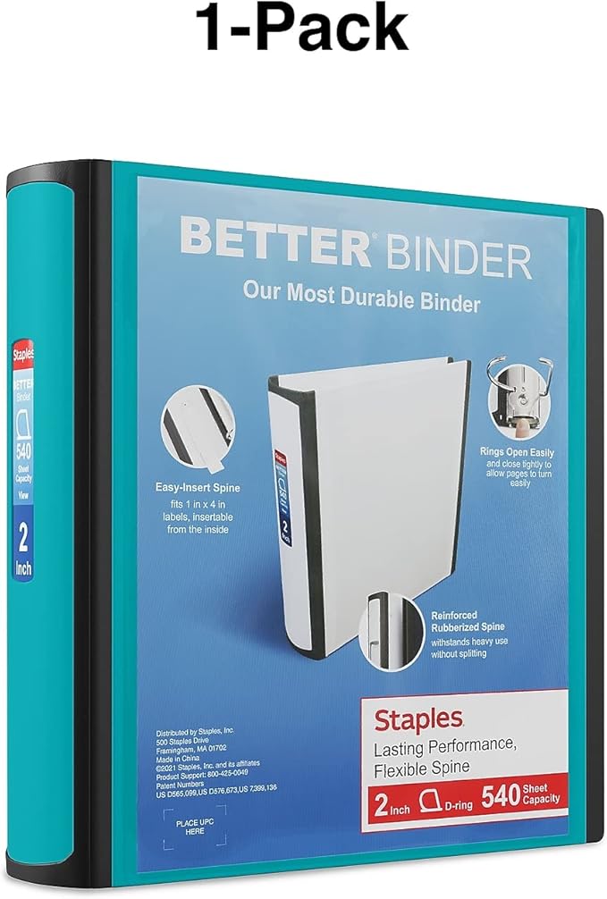 STAPLES Better Binder, 2-Inch, Teal