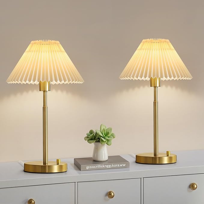 Bedside Table Lamp Set of 2: Dimmable Nightstand Bedside Lamps with USB A and C Ports, Modern Metal and Pleated Fabric Shade Gold Desk Lamp for Home Office Bedroom Living Room Reading