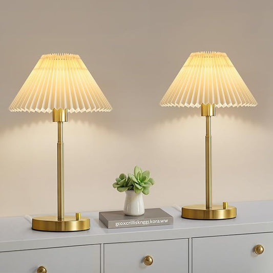 Bedside Table Lamp Set of 2: Dimmable Nightstand Bedside Lamps with USB A and C Ports, Modern Metal and Pleated Fabric Shade Gold Desk Lamp for Home Office Bedroom Living Room Reading