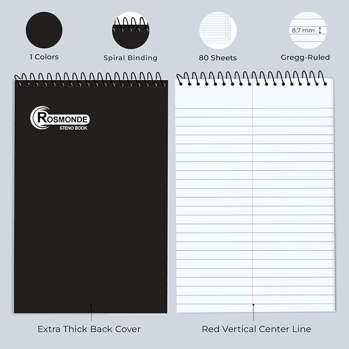 24 Pack Spiral Steno Pads, 6 x 9, Gregg Rule, Black Steno Pad, Top Spiral Notebook, Long Lasting - 80 Sheets (160 Pages), Bulk Steno Notebook for Business, Top Spiral Steno Book for Office