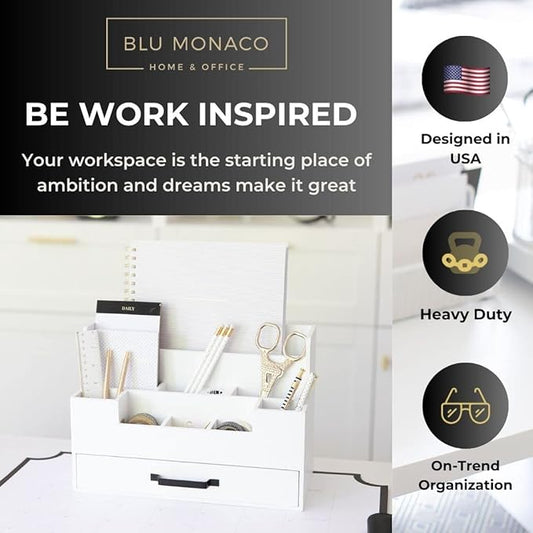 BLU MONACO White Wooden Desk Organizer with Drawer – Office Desk Caddy for Supplies and Accessories – Stylish Desktop Storage for Women