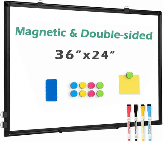 Double Sided Magnetic White Board，36"x24" Dry Erase Whiteboard for Wall with Black Aluminum Frame Presentation Board for School, Office and Home