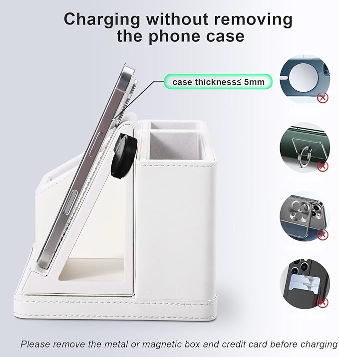 White Leather Desk Organizer with Wireless Charger – 3-in-1 Charging Station for Phone, Watch & Earbuds, 4-Compartment Remote & Office Supplies Caddy for Home Office, Gifts for Women & Men (white)