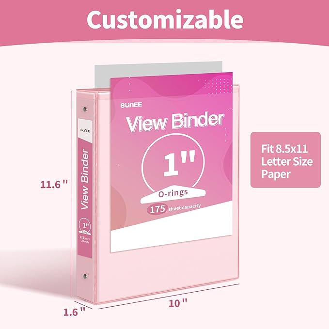SUNEE 3 Ring Binder 1 Inch 1 Pack, Clear View Binder Three Ring PVC-Free (Fit 8.5x11 Inches) for School or Office Supplies, Pink