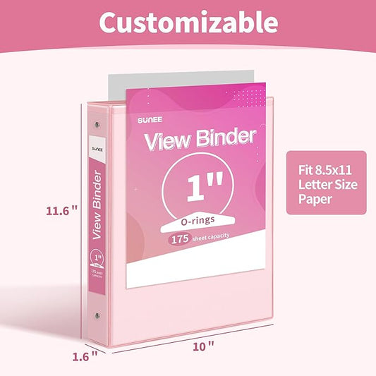SUNEE 3 Ring Binder 1 Inch 1 Pack, Clear View Binder Three Ring PVC-Free (Fit 8.5x11 Inches) for School or Office Supplies, Pink