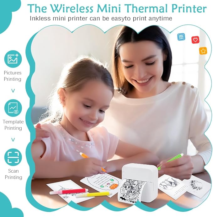 MXiiXM Mini Sticker Printer, Portable Mini Pocket Printer for iPhone, Smart Inkless Thermal Printer with 13 Roll Papers, Bluetooth Mini Printer for Notes, Photos, Stickers, Labels, Receipts (Green)