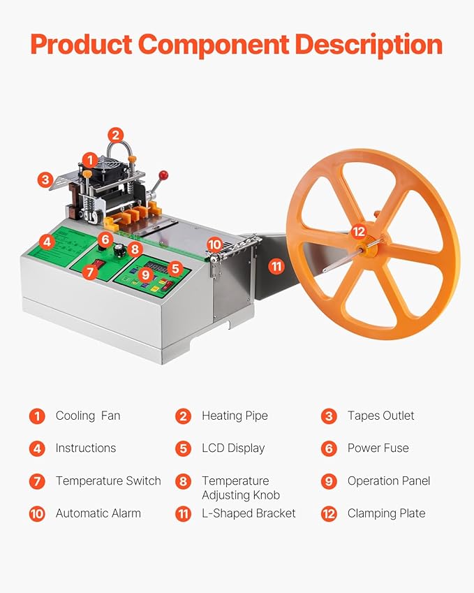 VEVOR Automatic Webbing Cutting Machine, Hot and Cold Ribbon Cutting Machine with Adjustable Temperature and LCD Display, Auto Zipper Tapes Cutter for Nylon Webbing, Elastic Bands, Shoelaces