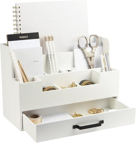 BLU MONACO White Wooden Desk Organizer with Drawer – Office Desk Caddy for Supplies and Accessories – Stylish Desktop Storage for Women