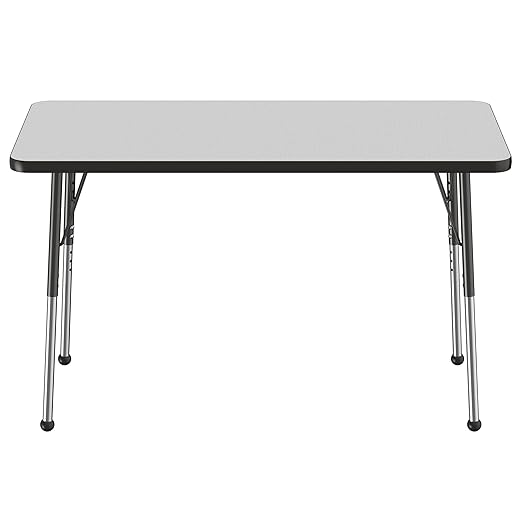 FDP Rectangle Activity School and Office Table (24 x 48 inch), Standard Legs with Ball Glides, Adjustable Height 19-30 inches - Gray Top and Black Edge