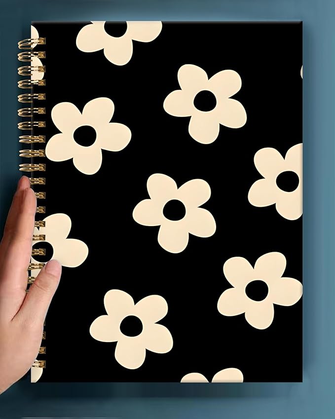 Spiral Journal Notebook,A5 Hardcover Lined Journals for Women Girl 6 x 8.3 in,120 Pages Thick Paper,Cute College Ruled Writing Notebook for Gifts Office Work School(Cute Black Flower)