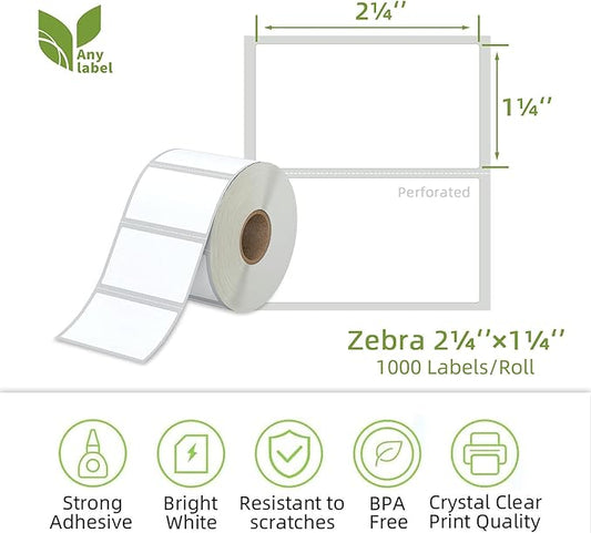 2.25" x 1.25" Direct Thermal Labels - White for Barcode Printing, Compatible With Zebra, Rollo, Munbyn Printers (12 Rolls, 1000 Labels/Roll)