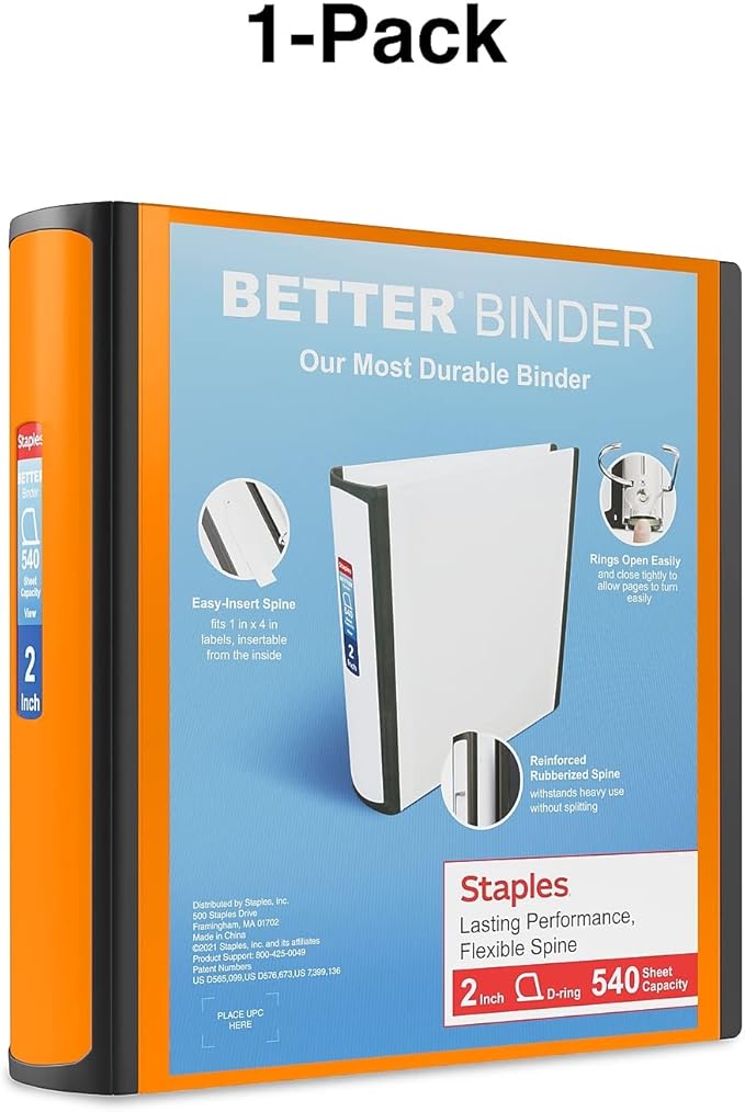 STAPLES 2"" 3-Ring Better Binder, Bright Orange (13469)"
