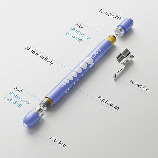 CAVN Pen Light with Pupil Gauge LED Penlight for Nurses Doctors, 2 Pcs Reusable Medical Penlight for Nursing Students (White/Bluish Purple)