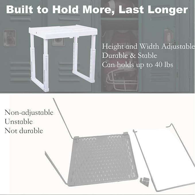 Adjustable Locker Shelf for School, Work & Gym Lockers – Expandable Width & Height, Stackable, Magnetic Support, Durable Locker Organizer Shelf – Easy to Assemble, Fits Standard Lockers, White