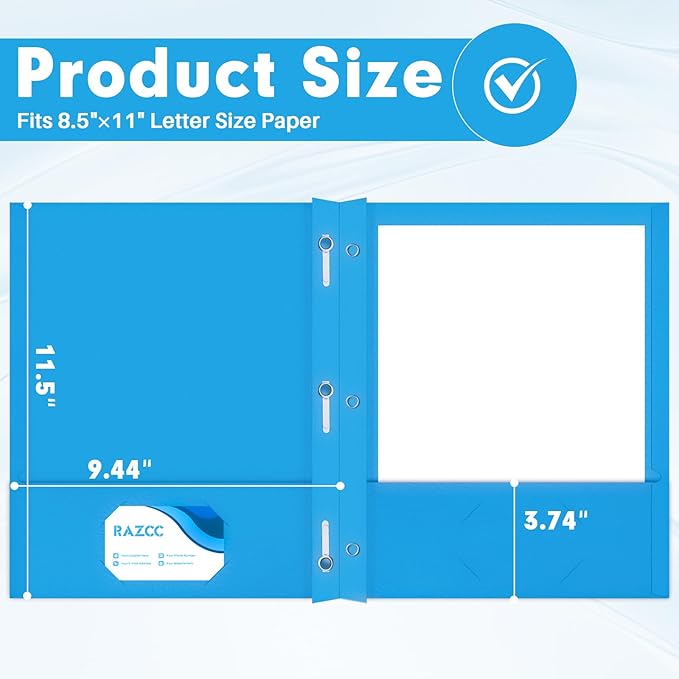 Two Pocket Folders, RAZCC 50 Pack Two Pocket Folders with Prongs, 3 Prong Folders Fit Letter Size Paper, Pocket File Folders for School Office Home Business, Blue