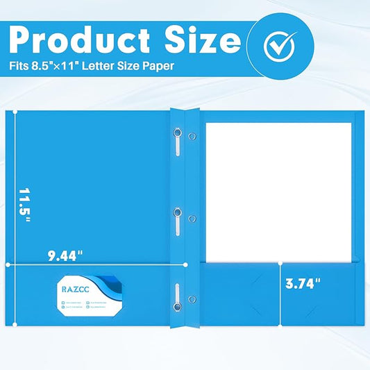Two Pocket Folders, RAZCC 50 Pack Two Pocket Folders with Prongs, 3 Prong Folders Fit Letter Size Paper, Pocket File Folders for School Office Home Business, Blue