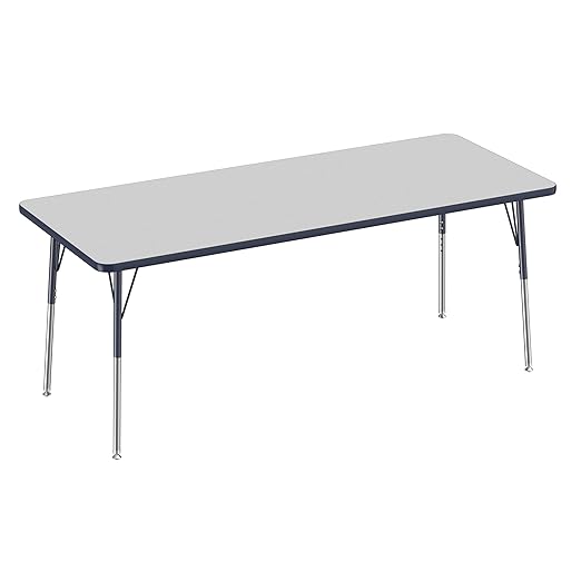 FDP Rectangle Activity School and Office Table (30 x 72 inch), Standard Legs with Swivel Glides, Adjustable Height 19-30 inches - Gray Top and Navy Edge