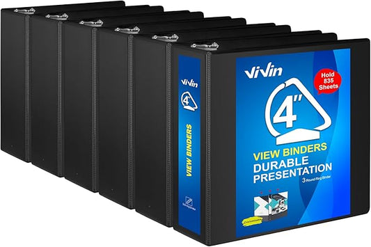 ViVin Durable 4 inch D Ring View Binder, Large 4" Slant-D Ring with 835-Sheet Capacity, Fit 8.5" x 11" Paper, 6 Pack(Black)