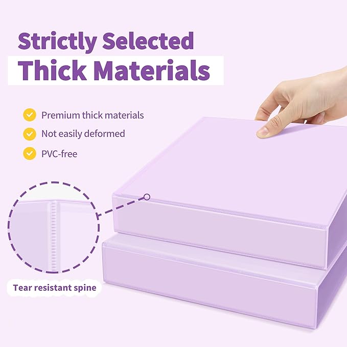 SUNEE 3 Ring Binder 1.5 Inch D Ring, Clear View Binder Three Ring PVC-Free (Fit 8.5x11 Inches) for School or Office Supplies, Purple, 2 Pack