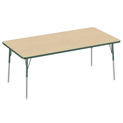 Factory Direct Partners FDP Rectangle Activity School and Office Table (36 x 72 inch), Standard Legs with Swivel Glides, Adjustable Height 19-30 inches - Maple Top and Green Edge