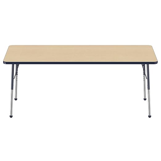 FDP Rectangle Activity School and Office Table (30 x 72 inch), Standard Legs with Ball Glides, Adjustable Height 19-30 inches - Maple Top and Navy Edge
