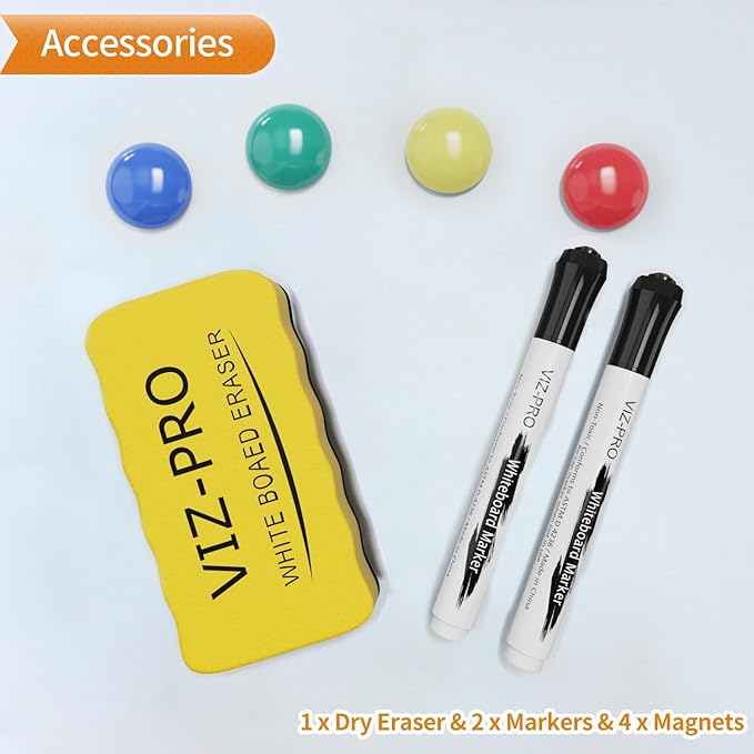 VIZ-PRO Magnetic Whiteboard/Dry Erase Board with Black Aluminium Frame, 24 X 18 Inches, Includes 1 Eraser & 2 Markers & 4 Magnets