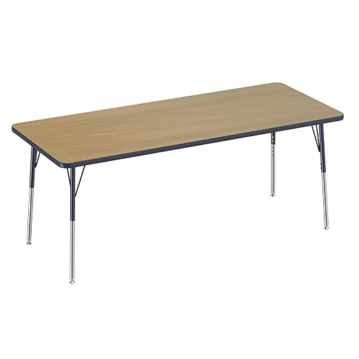 FDP Rectangle (30 x 72 inch) Classroom Table with Adjustable Standard Swivel Glide Legs (19-30 in); School and Office Furniture - Pasadena Oak Top/Navy Edge and Legs