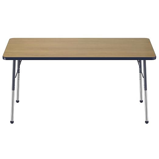 FDP Rectangle (30 x 60 inch) Classroom Table with Adjustable Standard Ball Glide Legs (19-30 in); School and Office Furniture - Pasadena Oak Top/Navy Edge and Legs