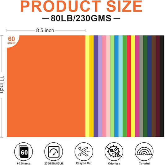 60 Sheets Colored Cardstock Paper 8.5 x 11 Inches – 20 Assorted Colors, 230 GSM Thick Card Stock for Printing, Crafts, Scrapbooking – Heavyweight Printer Paper, Perfect for Arts & Crafts