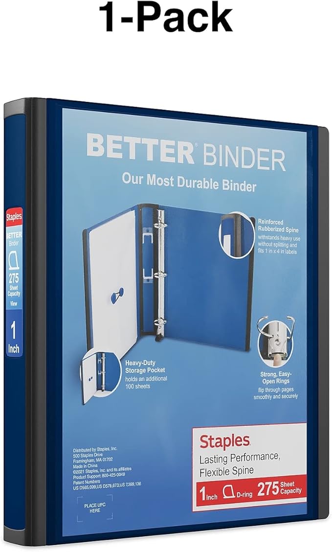 Staples Better 1-Inch D 3-Ring View Binder, Blue