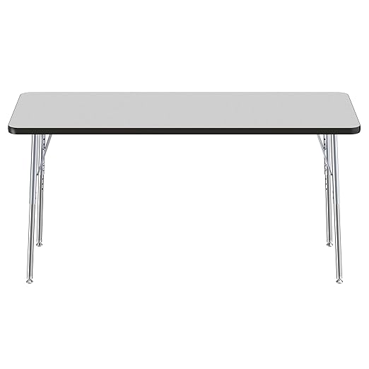 Factory Direct Partners FDP Rectangle Activity School and Office Table (24 x 60 inch), Silver Standard Legs with Swivel Glides, Adjustable Height 19-30 inches - Gray Top and Black Edge