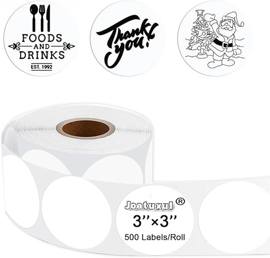 3 Inch White Round Thermal Sticker Labels, Self-Adhesive Circle Direct Thermal Printer Labels, DIY Design, QR Code, Name Tag, Brand Label,Gift Label (White 500 PCS/1 Roll)