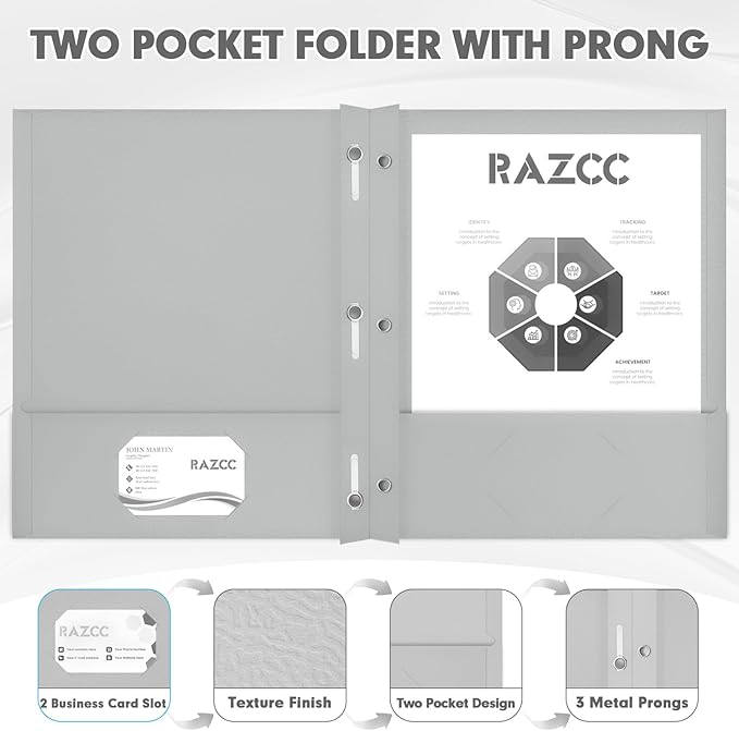 Two Pocket Folders, RAZCC 50 Pack Two Pocket Folders with Prongs, 3 Prong Folders Fit Letter Size Paper, Pocket File Folders for School Office Home Business, Grey