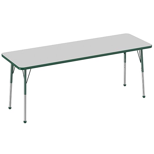FDP Rectangle Activity School and Office Table (24 x 72 inch), Standard Legs with Ball Glides, Adjustable Height 19-30 inches - Gray Top and Green Edge