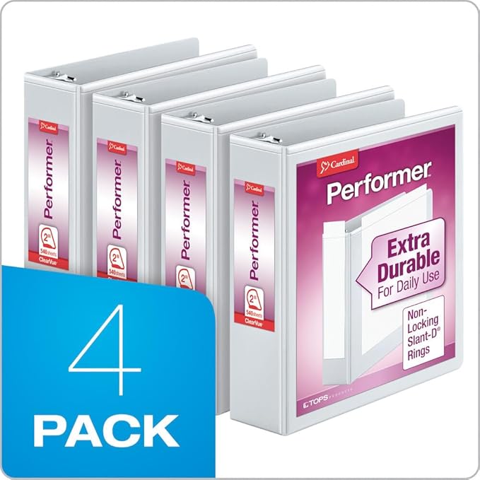 Cardinal Performer 3-Ring Binders, 2", Non-Locking Slant-D Rings, 540-Sheet Capacity, Clearvue Presentation, Non-Stick, PVC-Free, White, 4-Pack (27500), 2-Inch