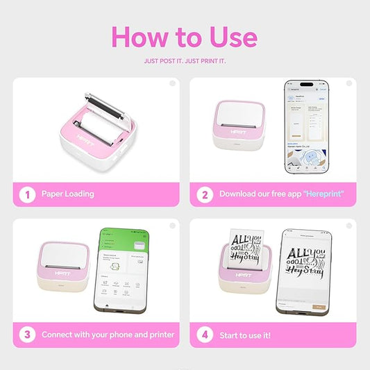 HPRT Mini Printer Sticker Maker with 1 Rolls Paper, Bluetooth Portable Thermal Printer, Study Printer for Pictures, Study Notes, Kid's DIY Creation, Memo, List,Compatible with Phone, Pink