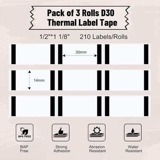 Phomemo D30 Label Tape, for D30 D35 Q30 Q30S Label Maker, Black on Transparent Clear Sticker Thermal Paper Self-Adhesive Label Maker Tape, 14mm x 30mm (0.55 x 1.18 Inch) 210 Labels/Roll, 3-Roll