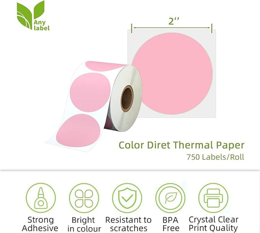 2" Pink Circle Direct Thermal Labels, Self-Adhesive Round Direct Thermal Stickers, Multi-Purpose Roll Sticker Labels for DIY Logo Brand Design, QR Code, Name Tag(1 Roll, 750 Labels)