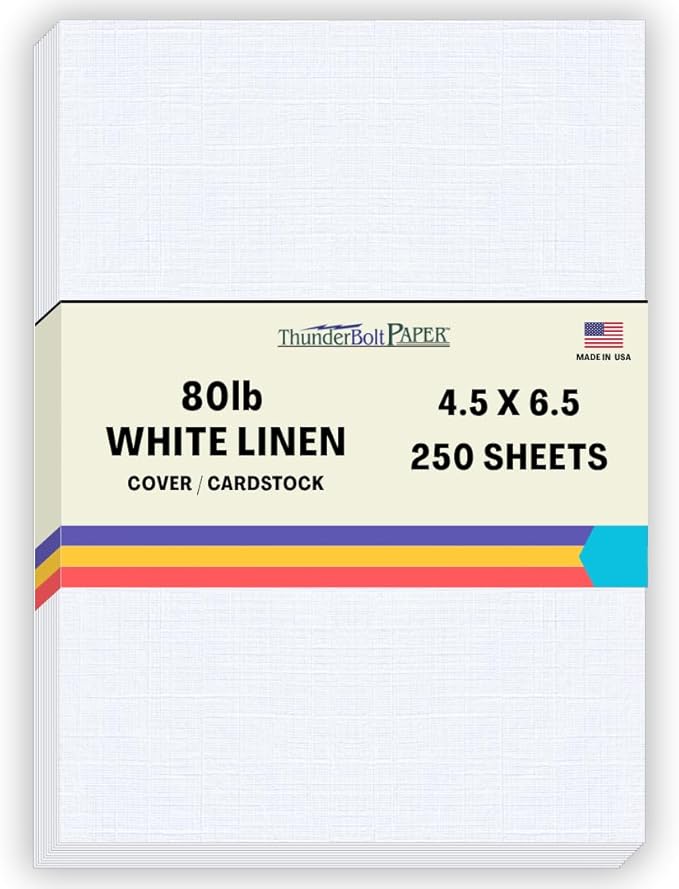 250 Bright White Linen 80# Cover Paper Sheets - 4.5 X 6.5 Inches Invitation 1/2" Smaller than 5X7 Size - 80 lb/pound Card Weight - Fine Linen Textured Finish