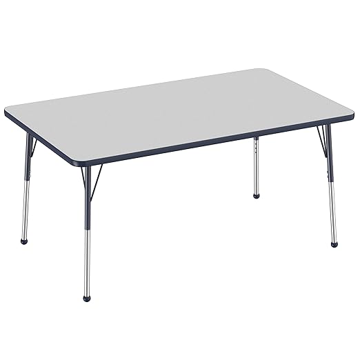 Factory Direct Partners FDP Rectangle Activity School and Office Table (36 x 60 inch), Standard Legs with Ball Glides, Adjustable Height 19-30 inches - Gray Top and Navy Edge