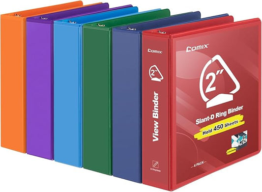 COMIX Sturdy 3 Ring Binder 2 inch with Clear View Cover, 2" Slant-D Ring View Binder Holds 500 Sheets of US Letter Size Paper, 6 Pack (Multicolored)