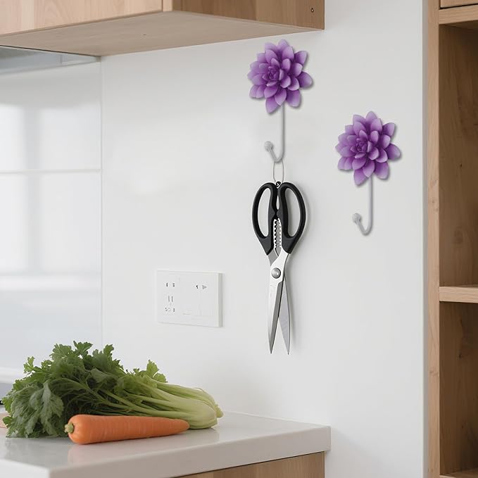 Guichifun Flower Shaped Decorative Wall Hooks - 2pcs Resin Purple Vintage Decor Hanger for Keys, Bags, Towels Bathroom Living Room Kitchen Home Decoration Gift 4 x 1.5 x 7 Inch