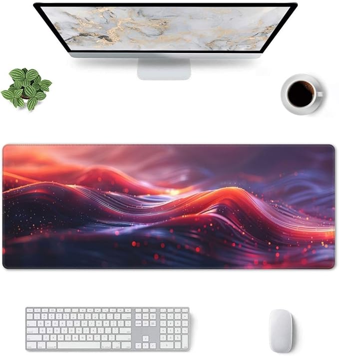 Gaming Mouse Pad, Large Non-Slip Rubber Base Mousepad, Keyboard Mouse Mat, Desk Pad with Stitched Edges, 31.5x11.8inch, Red Ripples