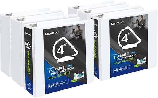 Comix Durable 3 Ring Binder, 4 inch D Ring Binders, Hold 835 Sheets of US Letter Size Paper, 6 Pack (White)